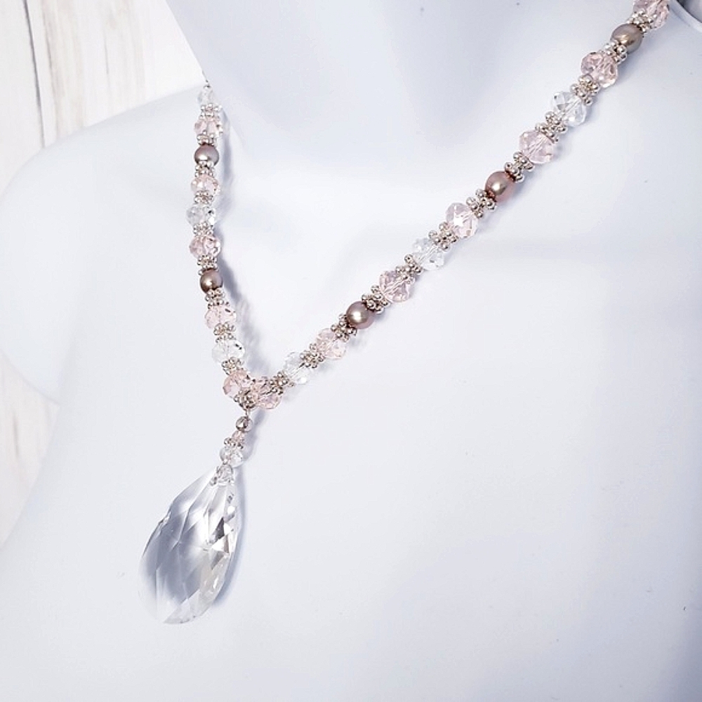 Sterling Silver 925 & Cultured Pearl Necklace w/ Swarovski Crystal Beads, Bridal